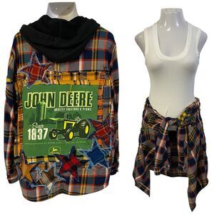 Upcycled Flannel Shirt Shacket Womens XL Tractor Plow  Grunge Patchwork Folk Art